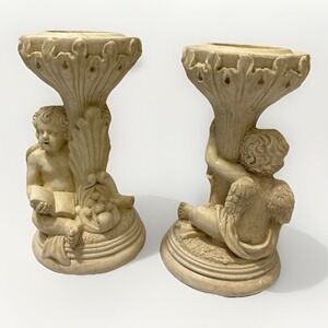 Vintage Pair Cherub Pedestal Candle Holders Ornate Ivory Resin Angel 6x3.5" FLAW
